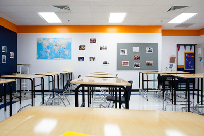 Classroom at KIPP Truth Academy in Dallas ready for students with standing desks donated by Vari.