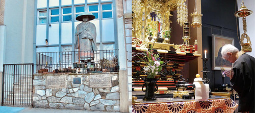 (Left) Statue of Shinran Shonin, which survived the atomic bomb in Hiroshima, in front of the New York Buddhist Church with a plaque describing it as "a symbol of lasting hope for world peace."  Shinran Shonin is the founder of the Jodo Shinshu School of Pure Land Shin Buddhism. (Right) Rev. Earl Ikeda, resident minister of the New York Buddhist Church, places the New Year's Kagami Mochi (traditional New Year's offering) on the altar. Photos via the New York Buddhist Church and David Brady