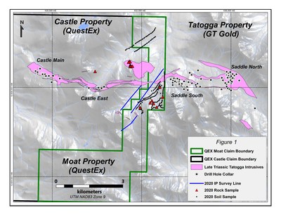 Location Map of QuestEx's Moat and Castle Properties and 2020 Exploration Work (CNW Group/QuestEx Gold & Copper Ltd.)