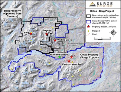 Map of the Huckleberry Mining District showing the Berg claims optioned from Centerra Gold and Surge Copper’s 100% owned Ootsa property.