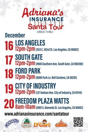Adriana's Insurance Santa Tour Rolls Out This Week to Help 2,500 Kids and Their Families With a Toy Giveaway, Pictures With Santa, Goodie Bags, $400 Gift Cards for Groceries and More - All in a Contactless, Drive-Thru Experience
