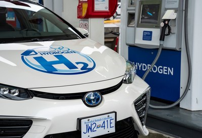 A Toyota Mirai is being fueled at the grand opening of a hydrogen refueling station in North Vancouver, BC on June 20, 2020. The province will have at least five stations open by the end of 2021. (CNW Group/Toyota Canada Inc.)