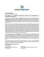 Gear Energy Ltd. Announces Shareholder Approval for Amendments to Convertible Debentures (CNW Group/Gear Energy Ltd.)