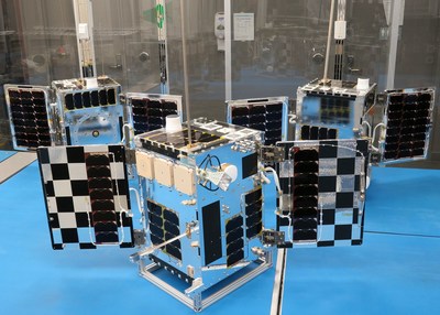 The completed next generation of HawkEye 360’s commercial RF sensing satellites in the lab. Photo credit to UTIAS Space Flight Laboratory and HawkEye 360.