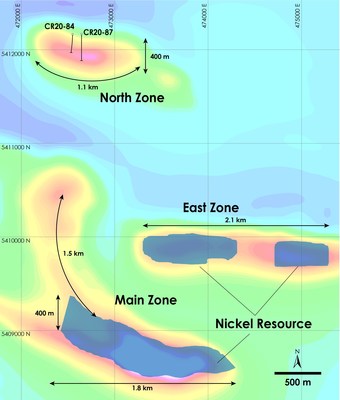 Figure 1 – Plan view of North Zone in relation to Main Zone and East Zone resources, Crawford Nickel-Cobalt Sulphide Project, Ontario. (CNW Group/Canada Nickel Company Inc.)