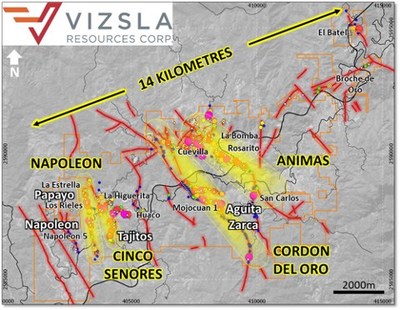 Figure 1 - Plan view Panuco District with major vein corridors in yellow, current drilling areas labelled in white and selected priority targets for 2021 labelled in black. (CNW Group/Vizsla Resources Corp.)