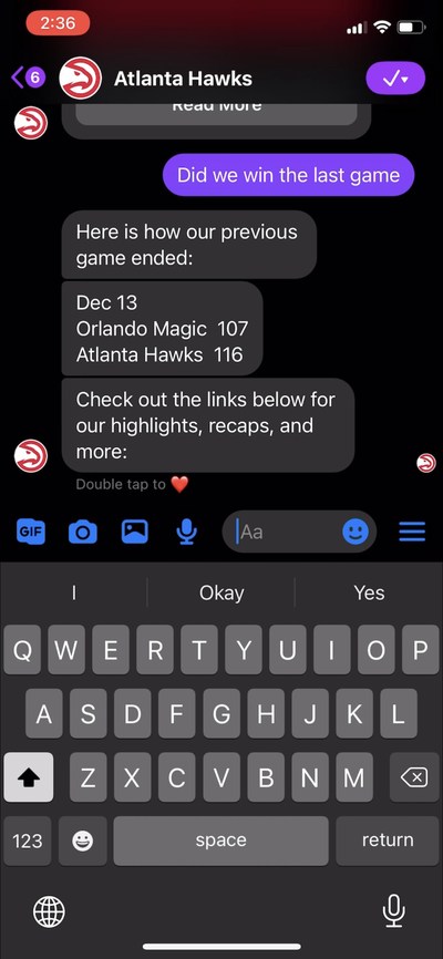 Screen capture for the Atlanta Hawks chat application powered by GameOn Technology.