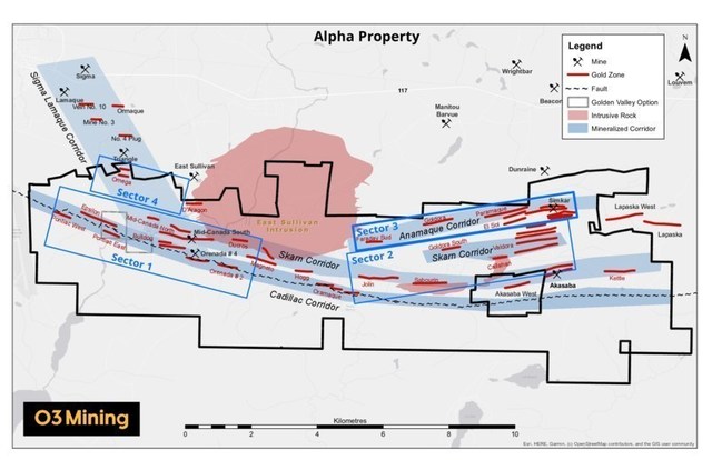 Figure 1: Carte de la Proprit Alpha (Groupe CNW/O3 Mining Inc.)