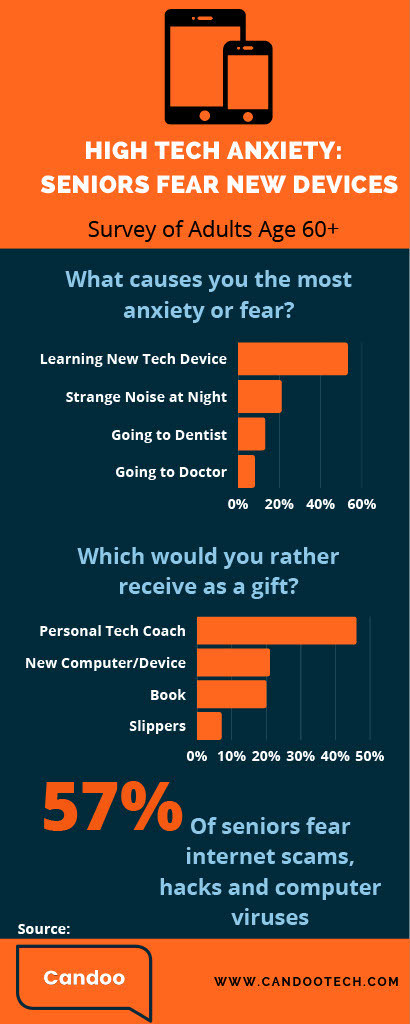 The results of a survey of adults age 60+ conducted by Candoo Tech (www.candootech.com) shows that older adults feel learning a new tech device is more frightening than hearing a strange noise at night, going to the dentist and going to the doctor - combined! Fifty-seven percent of seniors fear internet scams, hacks and computer viruses. When giving the grandparents a gift, skip the books and slippers, older folks really want a personal tech coach.