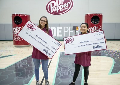 Marianne Haines, left, and Naomi Cho, right, pose with their novelty checks after competing in the 2020 Dr Pepper Tuition Giveaway football throw competition on Monday, Nov. 16, 2020 in Frisco, Texas. (Brandon Wade/AP Images for Keurig Dr Pepper)