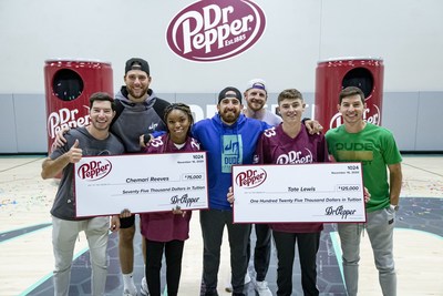 Chemari Reeves, third from left, and Tate Lewis, second from right, pose with the members of Dude Perfect after competing in the 2020 Dr Pepper Tuition Giveaway football throw competition on Monday, Nov. 16, 2020 in Frisco, Texas. (Brandon Wade/AP Images for Keurig Dr Pepper)