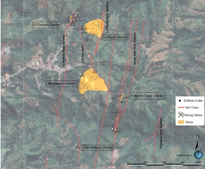 Map 1: Location of La Ivana, Megapozo and Roberto Tovar high-grade shoots and the new El Dorado discovery. The polygons represent true surface projections of shoot boundaries. The Megapozo and La Ivana are low angle and the Roberto Tovar and El Dorado are sub vertical. (CNW Group/Outcrop Gold Corp.)