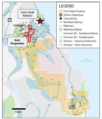 Figure 1. Location and bedrock geology of the Canadian Cobalt Camp properties highlighting First Cobalt's Kerr Assets (red box) and the Remaining Assets (orange shading) comprising its land package. (CNW Group/First Cobalt Corp.)