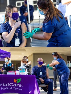 MemorialCare nurse practitioner Malina Adriano, RN gives vaccines to Elyse Laurance, RN, MemorialCare Emergency Department nurse (top photo) and Brandon Gatling, RN, MemorialCare COVID-19 unit nurse. Within just a few days of receiving its first batch of vaccines, MemorialCare vaccinated more than 3,000 of its front-line workers in Los Angeles and Orange counties.