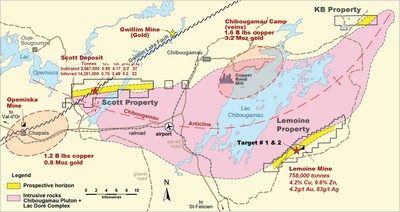 Figure 1. Carte de localisation des projets de Yorbeau dans le camp minier de Chibougamau, Québec, incluant la propriété Lemoine. (Groupe CNW/Ressources Yorbeau Inc.)
