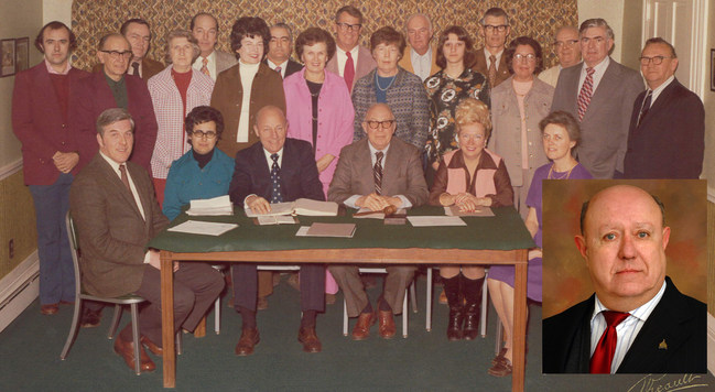 David Anderson (inset bottom right) spent 50 years on the Bellwether Community Credit Union Board of Directors. He is also pictured on the far left at one of his earlier credit union meetings about a half century ago.