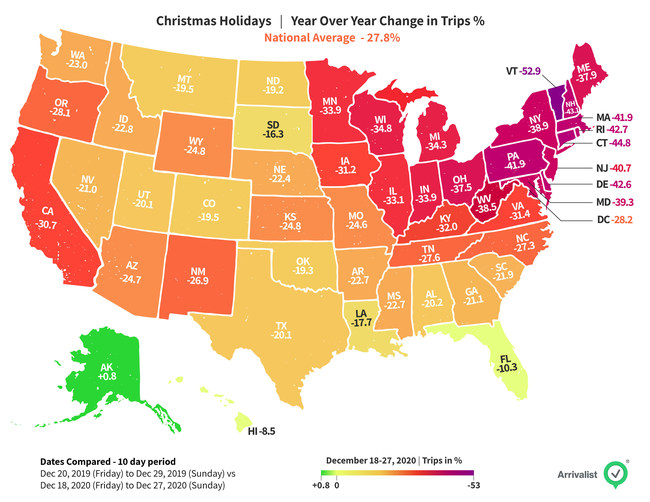 Christmas Road Trips Down Compared to a Year Ago Though Many Americans Still Hit the Road, Arrivalist Data Shows - PRNewswire