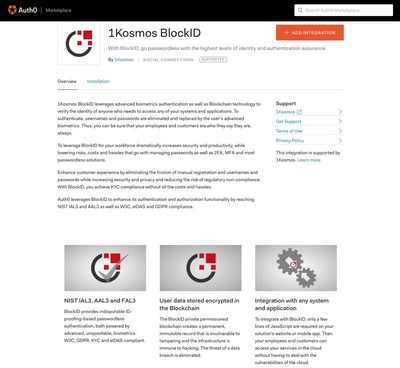 1Kosmos BlockID integration page on Auth0 Marketplace