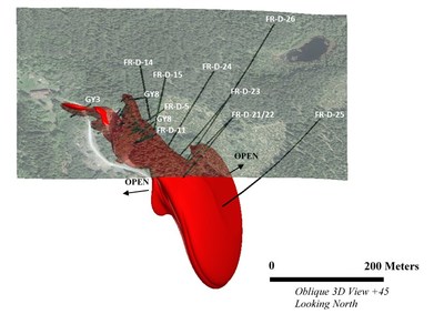 Figure 1. Oblique 3D interpretation of mineralization at Fredriksson Gruva. Note that the mineralization is interpreted to extend beyond the limits of historical drilling at depth and laterally. (CNW Group/Norden Crown Metals Corp.)