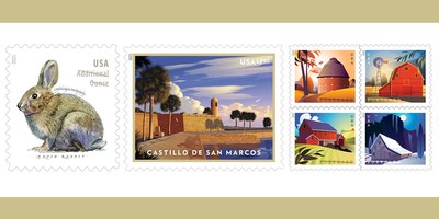 Barns – Pane of four stamps showing different barns. At the bottom of each stamp is the word “postcard”. “USA” is stacked vertically, and printed at top on the left-hand or right-hand side.  Brush Rabbit – A pencil-and-watercolor drawing of a brush rabbit with the words “additional ounce” in the upper right hand corner.  Castillo de San Marcos – A stamp showing a digital image of the Florida fortress, with the fort’s name at the bottom of each stamp, and the value in the upper right hand corner.