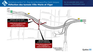 Réfection majeure des tunnels Ville-Marie et Viger - Fermeture de la sortie de la Montagne de la route 136 (A-720) en direction est dès le 10 janvier 2021