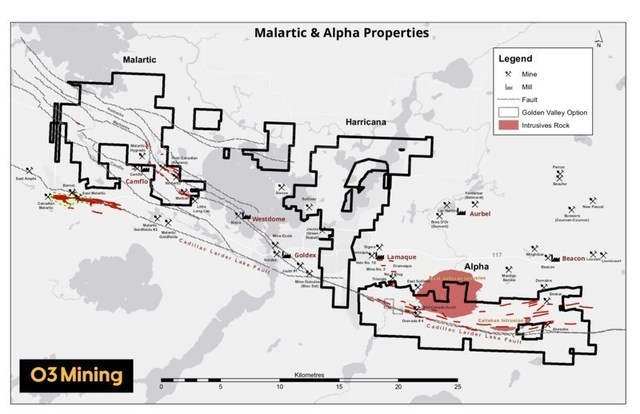Figure 1: Localisation des propriétés Alpha et Malartic (Groupe CNW/O3 Mining Inc.)