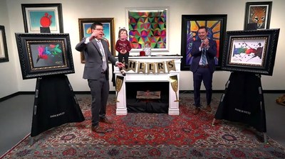 Auctioneers Jordan Sitter, Jasmyne Sitter, and Cole Waters celebrate after a record-breaking sale by Miami artist Kre8.