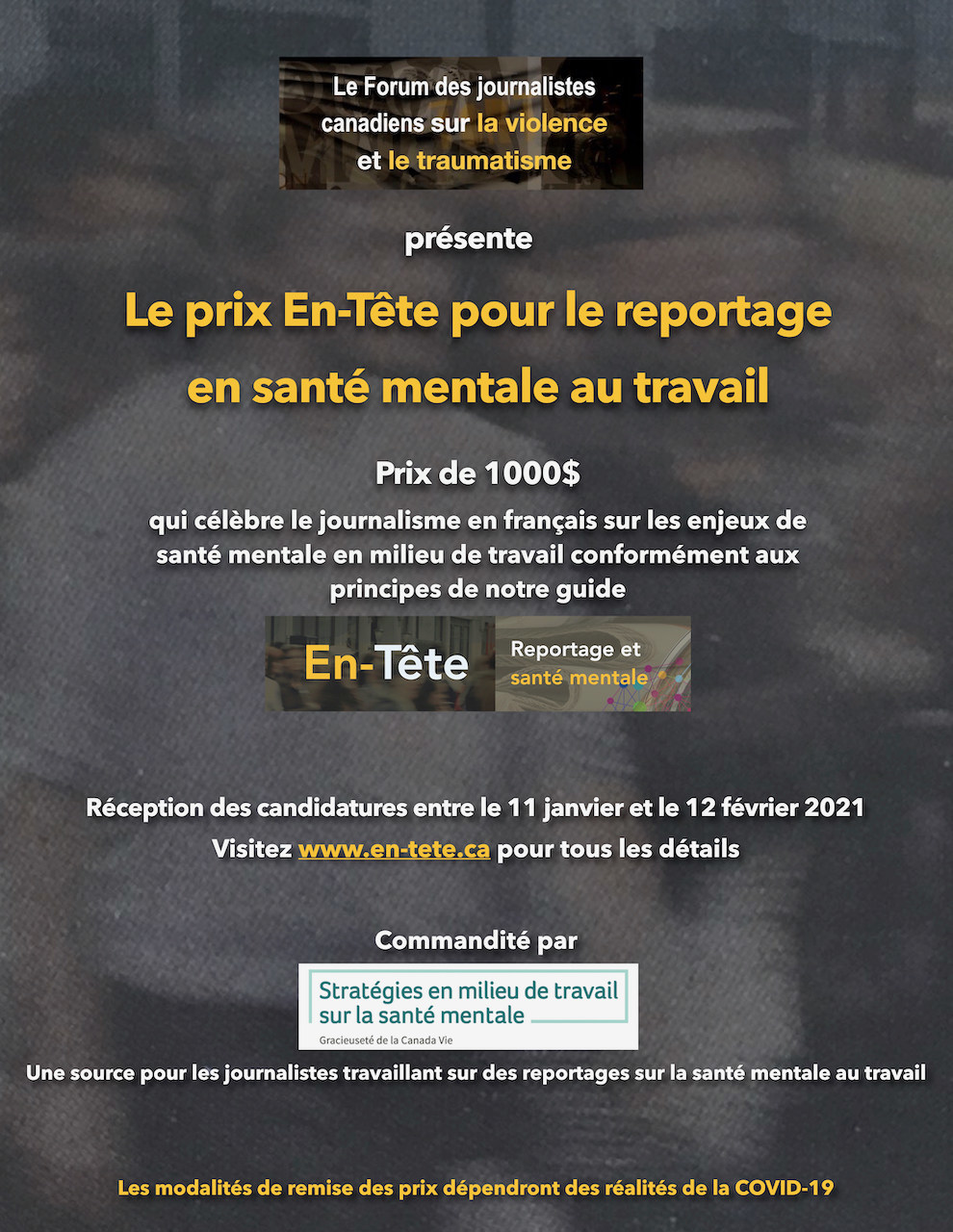 Affiche pour le concours du prix En-Tête, 2020 (Groupe CNW/Le Forum des journalistes canadiens sur la violence et le traumatisme)