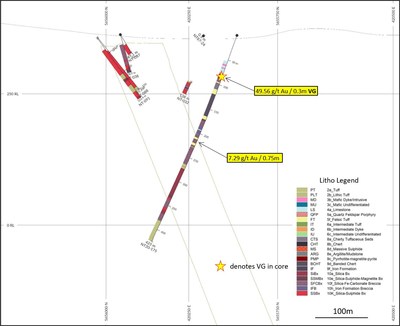 Diagram 5: DDH NT20-175, vertical section, looking northeast, 60m window. NT Zone outline dipping SE (right), internal wireframes are mineralized shapes used in 2015 Preliminary Economic Evaluation. (CNW Group/Trillium Gold Mines Inc.)