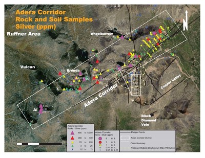 Figure 2. A detailed map of the Adera Corridor with sample locations and notable Ag rock sample assays. (CNW Group/Stuhini Exploration Ltd.)