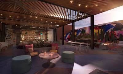 The hotel’s first level features Bar Moxy – a 150-seat indoor ‘living room’ and outdoor ‘backyard’ space complete with lounge seating, fire features and an interactive guestbook that streams Instagram images and videos from Moxy guests around the globe.