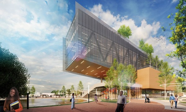 An architectural rendering of the Propel Center, a new digital learning hub, business incubator, and global innovation headquarters planned in Atlanta, Georgia for students of historically black colleges and universities (HBCUs). The center is designed to provide HBCUs with shared resources to support their work of preparing leaders to improve our world. Apple and Southern Company are founding partners.