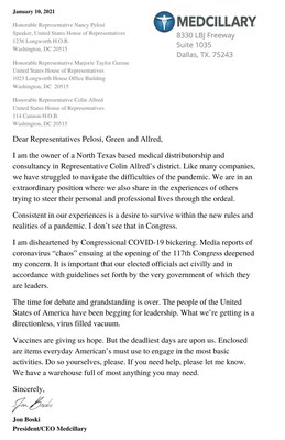 This letter from Medcillary CEO Jon Boski was included in Congressional Care Packages sent to Democrat House Speaker Nancy Pelosi, North Texas Representative Colin Allred and Republican Georgia Representative Marjorie Taylor Greene.