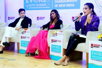 Pollywood actress Nikeet Dhillon, Youth model & entrepreneur, Mia Lakra and National Spokesperson of AAP and MLA from Delhi, Raghav Chadha participating in panel discussion during National Youth Summit at Chandigarh University, Gharuan