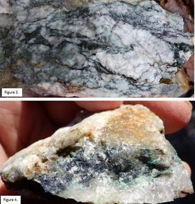 Figure 3. Sample 3044 from the newly discovered Windfall Zone containing considerable marcasite. Figure 4. Copper mineralization (chalcocite) hosted in vuggy quartz vein from Conquest Zone. (CNW Group/Northern Shield Resources Inc.)