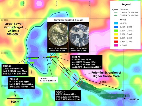 Figure 1 – West Zone Discovery Holes and Main Zone Nickel Resource over top of gravity gradient (Crawford Township airborne gravimetric survey completed in 2018), Crawford Nickel-Cobalt Sulphide Project, Ontario. (CNW Group/Canada Nickel Company Inc.)