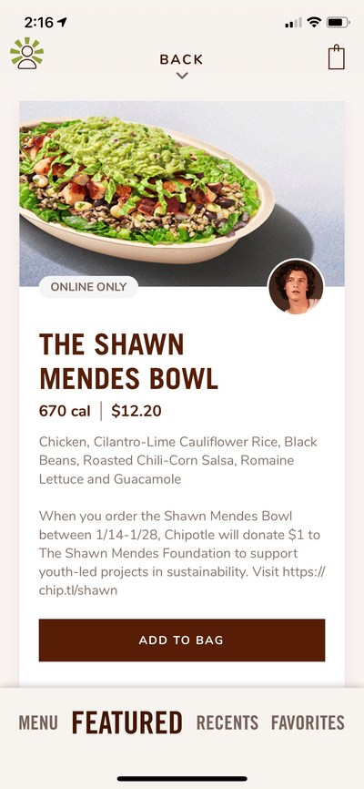The Shawn Mendes Bowl at Chipotle