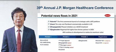 Se Chang Kwon, the CEO of Hanmi Pharmaceutical Co., Ltd., is presenting the vision and strategy of Hanmi Pharmaceutical Co., Ltd. in 2021 at the 39th JP Morgan Conference.