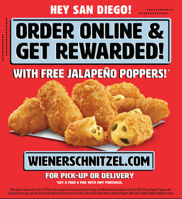 Wienerschnitzel tests new online ordering system in its San Diego area locations, offering customers a FREE 6 pak of Jalapeño Poppers with each online order.