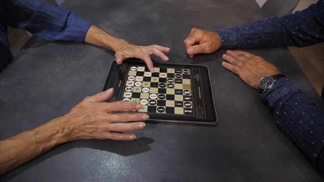 Two players using a single iPad as a virtual chessboard thanks to Two Player Chess