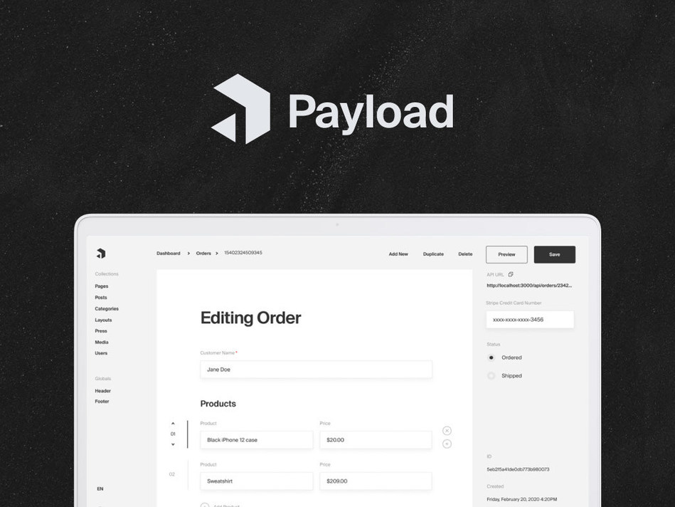 Payload CMS is a headless Content Management System and Application Framework built with NodeJS, React and MongoDB