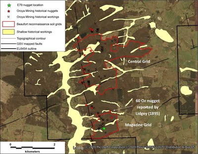 Figure 4 – Locations of historical gold nugget finds in the vicinity of the Central and Magazine Grids (Modified from Oroya Mining Limited, 2011). The correlation of these large nuggets with E79’s target areas provides significant encouragement to the Company, especially as previous explorers had tentatively defined similar trends and priority areas. (CNW Group/E79 Resources Corp.)