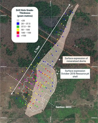 Figure 1: Drill hole plan view map showing grade-thickness (CNW Group/Montage Gold Corp)