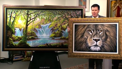 Park West Principal Auctioneer Jordan Sitter auctions off two paintings by artist Jon Rattenbury.