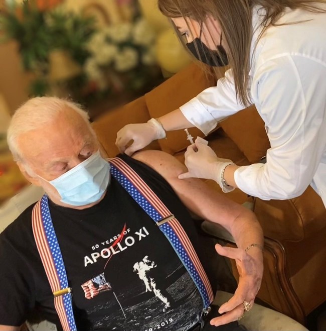 Astronaut Buzz Aldrin Receives the COVID-19 Vaccine and Urges Americans to Continue Taking Precautions