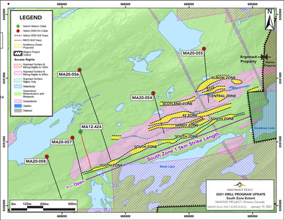 Figure 1 – Plan Map of Magino showing the locations of drill holes in this news release and South Zone 1.5km strike length (CNW Group/Argonaut Gold Inc.)