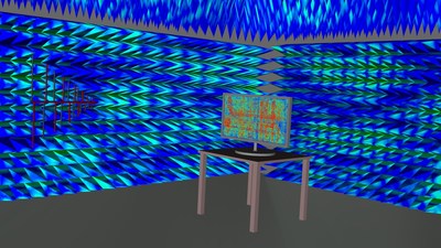 Simulating electromagnetic interference chamber emissions of a touchscreen TV panel including capacitive sensor array