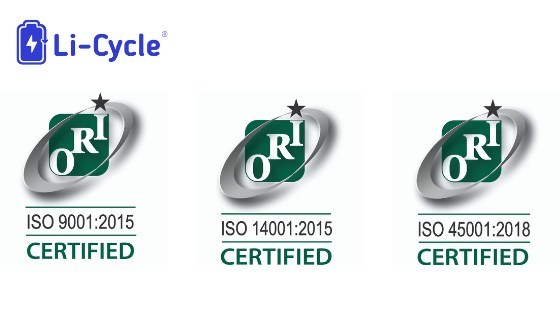 Li-Cycle receives certification for ISO 9001, ISO 14001, ISO 45001 and R2.