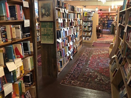 The rustic interior of the original Bookends & Beginnings store, located in an old garage in an alley in downtown Evanston.