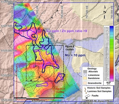 Figure 3. Airborne magnetic data reduced to pole with contoured Cu/Zn ratio and molybdenum soil sample data and new anomalous copper assays highlighted.  Geology interpretation background. (CNW Group/Luminex Resources Corp.)